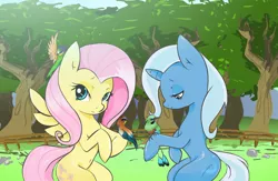 Size: 1500x980 | Tagged: dead source, safe, artist:zev, derpibooru import, fluttershy, trixie, bird, pegasus, pony, unicorn, bee-eater, belly button, female, fence, mare, tree, trixieshy