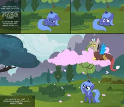 Size: 1632x1408 | Tagged: dead source, safe, artist:flausch-katzerl, derpibooru import, discord, princess luna, alicorn, pony, cloud, comic, cotton candy, cotton candy cloud, cross-eyed, crying, cute, discute, everfree forest, female, filly, food, frown, looking up, lunacord, male, open mouth, prone, raised hoof, sad, shipping, shivering, smiling, straight, wavy mouth, woona