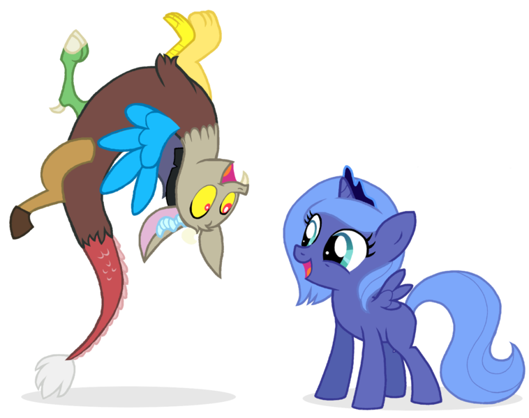 Size: 1500x1188 | Tagged: dead source, safe, artist:flausch-katzerl, derpibooru import, discord, princess luna, alicorn, draconequus, pony, crown, cute, discute, duo, duo male and female, female, filly, flying, foal, happy, jewelry, looking at each other, male, open mouth, regalia, simple background, smiling, transparent background, upside down, woona