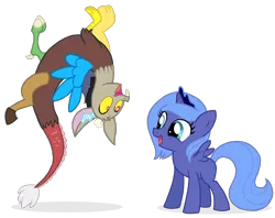 Size: 1500x1188 | Tagged: dead source, safe, artist:flausch-katzerl, derpibooru import, discord, princess luna, alicorn, draconequus, pony, crown, cute, discute, duo, duo male and female, female, filly, flying, foal, happy, jewelry, looking at each other, male, open mouth, regalia, simple background, smiling, transparent background, upside down, woona