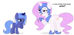 Size: 900x431 | Tagged: dead source, safe, artist:flausch-katzerl, derpibooru import, princess celestia, princess luna, alicorn, pony, clothes swap, cute, female, filly, foal, simple background, transparent background, woona