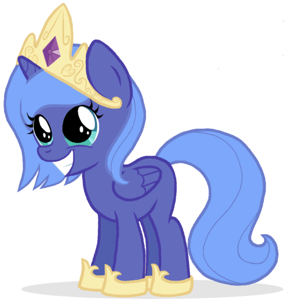 Size: 1008x1050 | Tagged: dead source, safe, artist:flausch-katzerl, derpibooru import, princess luna, alicorn, pony, accessory swap, clothes swap, cute, female, filly, grin, happy, simple background, smiling, solo, squee, transparent background, woona, younger