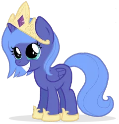 Size: 1008x1050 | Tagged: dead source, safe, artist:flausch-katzerl, derpibooru import, princess luna, alicorn, pony, accessory swap, clothes swap, cute, female, filly, grin, happy, simple background, smiling, solo, squee, transparent background, woona, younger