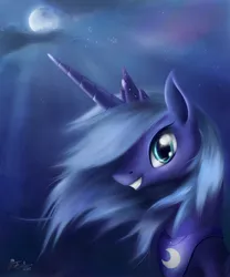 Size: 3000x3600 | Tagged: safe, artist:ajvl, derpibooru import, princess luna, alicorn, pony, alternate hairstyle, bust, female, grin, happy, high res, horn, jewelry, mare, moon, night, photoshop, portrait, regalia, s1 luna, smiling, solo, tiara, windswept mane