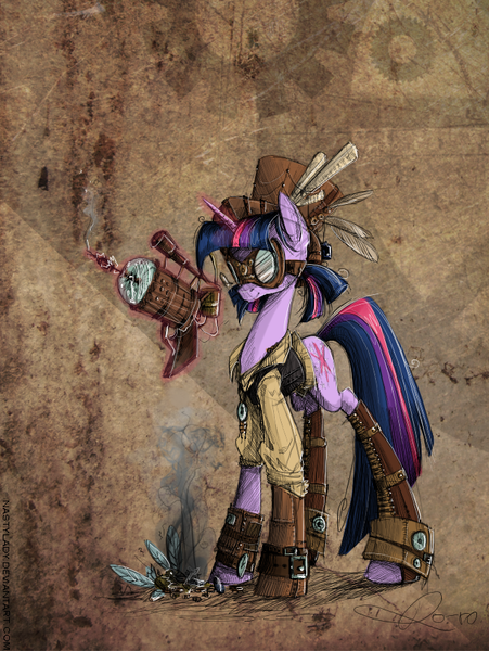 Size: 658x876 | Tagged: safe, artist:nastylady, derpibooru import, twilight sparkle, parasprite, pony, unicorn, abstract background, alternate hairstyle, clothes, female, goggles, gun, mare, photoshop, steampunk, weapon