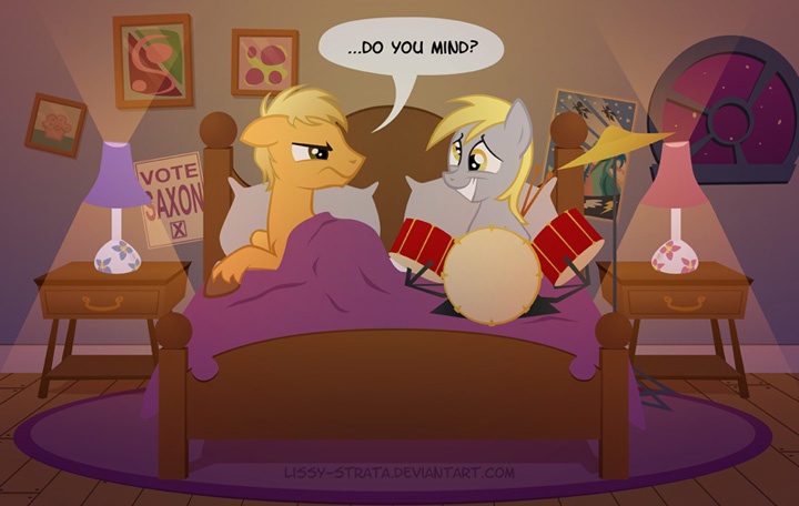 Size: 720x456 | Tagged: safe, artist:lissystrata, derpibooru import, derpy hooves, ponified, pegasus, pony, bed, doctor who, drums, female, male, mare, photoshop, poster, shipping, stallion, straight, the master