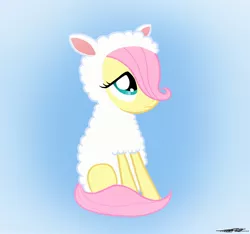 Size: 1510x1413 | Tagged: safe, artist:willisninety-six, derpibooru import, fluttershy, pegasus, pony, sheep, clothes, costume, female, filly, fluttersheep, foal, gradient background, lamb, photoshop, sitting, solo