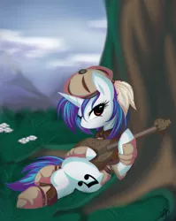 Size: 1350x1700 | Tagged: safe, artist:bamboodog, derpibooru import, vinyl scratch, pony, unicorn, clothes, commission, female, mare, musical instrument, on back, solo, tree