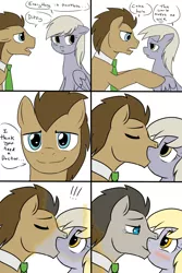 Size: 1000x1500 | Tagged: safe, artist:jitterbugjive, derpibooru import, derpy hooves, doctor whooves, time turner, earth pony, pegasus, pony, blushing, comic, crying, dialogue, discord whooves, discorded, doctorderpy, female, kissing, love, male, mare, necktie, shipping, stallion, straight