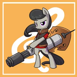 Size: 1000x1000 | Tagged: safe, artist:madmax, derpibooru import, octavia melody, earth pony, pony, bipedal, commission, crossover, cutie mark background, female, gun, heavy, heavy weapons guy, mare, solo, team fortress 2, weapon