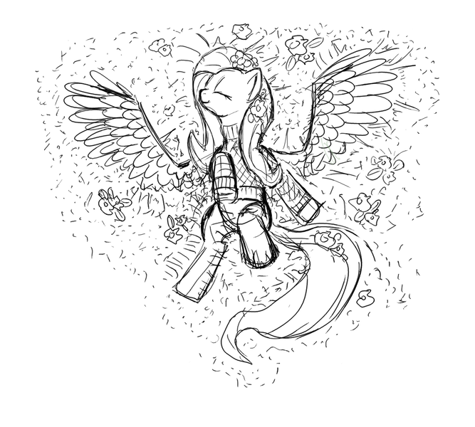 Size: 1200x1080 | Tagged: safe, artist:zlack3r, derpibooru import, fluttershy, pegasus, pony, clothes, eyes closed, female, flower, mare, monochrome, on back, sketch, solo, sweater, sweatershy