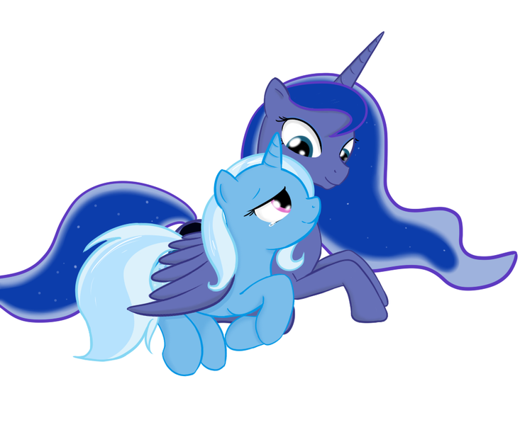 Size: 1000x818 | Tagged: safe, artist:theparagon, derpibooru import, princess luna, trixie, alicorn, pony, unicorn, caring, crying, female, happy, lesbian, looking at each other, luxie, mare, prone, shipping, simple background, teary eyes, white background, wing blanket