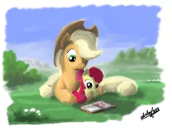 Size: 937x700 | Tagged: safe, artist:zlack3r, derpibooru import, apple bloom, applejack, earth pony, pony, adorabloom, apple sisters, book, cute, duo, female, filly, foal, gimp, mare, prone, reading, siblings, sisters