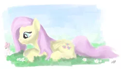 Size: 1440x820 | Tagged: safe, artist:zlack3r, derpibooru import, fluttershy, butterfly, pegasus, pony, female, flower, mare, prone, smiling, solo