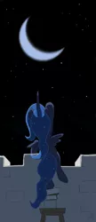 Size: 585x1350 | Tagged: safe, artist:zlack3r, derpibooru import, princess luna, pony, balancing, battlement, bipedal, eyes on the prize, female, filly, foal, moon, night, raised hoof, reaching, rear view, solo