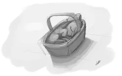 Size: 1344x832 | Tagged: safe, artist:zlack3r, derpibooru import, apple bloom, earth pony, pony, basket, curled up, female, filly, grayscale, monochrome, pony in a basket, sketch, sleeping, solo
