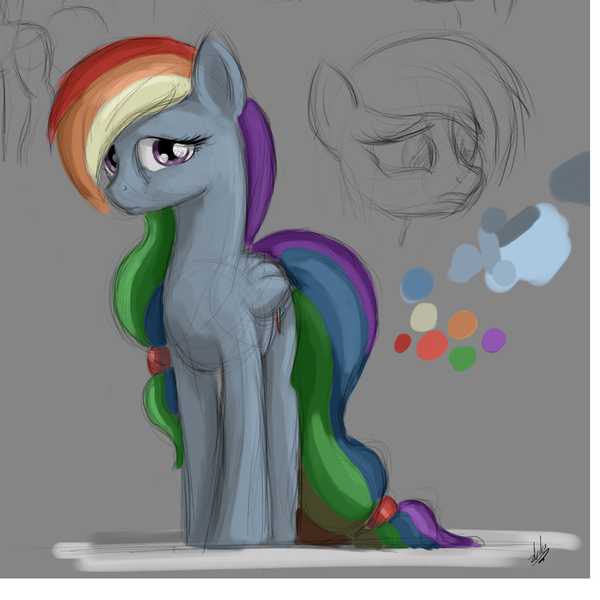 Size: 1088x1088 | Tagged: safe, artist:zlack3r, derpibooru import, rainbow dash, pegasus, pony, alternate hairstyle, female, mare, sketch