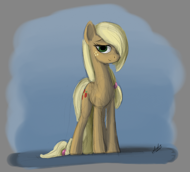 Size: 776x702 | Tagged: safe, artist:zlack3r, derpibooru import, applejack, earth pony, pony, alternate hairstyle, female, gimp, hair over one eye, looking at you, mare, sketch, solo