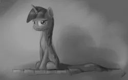 Size: 866x546 | Tagged: safe, artist:zlack3r, derpibooru import, twilight sparkle, pony, unicorn, annoyed, female, grayscale, mare, monochrome, sitting, sketch, solo, unicorn twilight