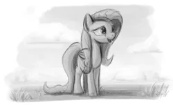 Size: 1110x676 | Tagged: safe, artist:zlack3r, derpibooru import, fluttershy, pegasus, pony, female, gimp, grayscale, happy, mare, monochrome, sketch, solo