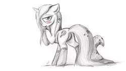 Size: 1441x811 | Tagged: dead source, suggestive, artist:zlack3r, derpibooru import, trixie, pony, unicorn, blushing, clothes, female, floppy ears, grayscale, looking at you, looking back, mare, monochrome, mouth hold, plot, rear view, simple background, sketch, socks, solo, solo female