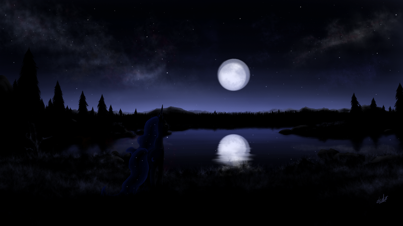 Size: 1920x1080 | Tagged: safe, artist:zlack3r, derpibooru import, princess luna, alicorn, pony, ethereal mane, female, forest, full moon, lake, mare, moon, night, rear view, reflection, scenery, sky, solo, starry mane, stars, tree, wallpaper