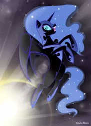 Size: 590x813 | Tagged: safe, artist:giuliabeck, derpibooru import, nightmare moon, alicorn, pony, female, flying, mare, nightmare night, photoshop, scared, solo