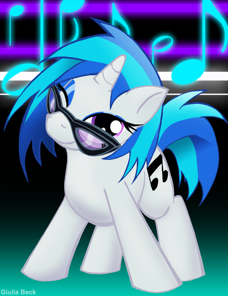 Size: 700x909 | Tagged: safe, artist:giuliabeck, derpibooru import, vinyl scratch, pony, unicorn, female, glasses, mare, music notes, photoshop, solo