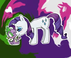 Size: 1100x900 | Tagged: safe, artist:mcnuggyy, derpibooru import, rarity, spike, dragon, pony, unicorn, abstract background, female, heart, interspecies, male, mare, no pupils, nuzzling, shipping, sparity, spikelove, straight