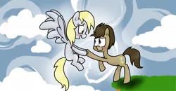 Size: 1600x830 | Tagged: safe, artist:mcnuggyy, derpibooru import, derpy hooves, doctor whooves, time turner, earth pony, pegasus, pony, blushing, cliff, cloud, doctorderpy, eye contact, female, flying, hoof hold, looking at each other, male, mare, shipping, stallion, straight