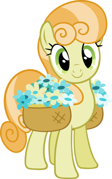 Size: 1988x3163 | Tagged: safe, artist:breadking, derpibooru import, junebug, earth pony, pony, secret of my excess, basket, female, flower, happy, inkscape, looking at you, mare, simple background, solo, transparent background, vector