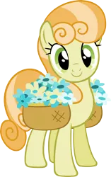 Size: 1988x3163 | Tagged: safe, artist:breadking, derpibooru import, junebug, earth pony, pony, secret of my excess, basket, female, flower, happy, inkscape, looking at you, mare, simple background, solo, transparent background, vector