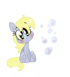 Size: 1300x1430 | Tagged: safe, artist:mcnuggyy, derpibooru import, derpy hooves, pegasus, pony, bubble, female, filly, foal, head tilt, simple background, sitting, solo, white background