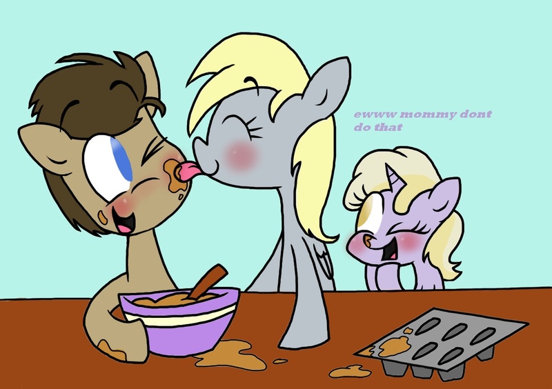 Size: 1172x826 | Tagged: safe, artist:mcnuggyy, derpibooru import, derpy hooves, dinky hooves, doctor whooves, time turner, earth pony, pegasus, pony, unicorn, batter, blushing, cooking, cute, derpabetes, doctorderpy, eyes closed, female, filly, food, licking, male, mare, muffin, open mouth, shipping, stallion, straight, tongue out, wink