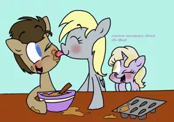 Size: 1172x826 | Tagged: safe, artist:mcnuggyy, derpibooru import, derpy hooves, dinky hooves, doctor whooves, time turner, earth pony, pegasus, pony, unicorn, batter, blushing, cooking, cute, derpabetes, doctorderpy, eyes closed, female, filly, food, licking, male, mare, muffin, open mouth, shipping, stallion, straight, tongue out, wink