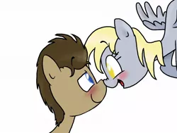Size: 1100x830 | Tagged: safe, artist:mcnuggyy, derpibooru import, derpy hooves, doctor whooves, time turner, earth pony, pegasus, pony, blushing, boop, colored pupils, doctorderpy, eye contact, female, flying, looking at each other, male, mare, noseboop, shipping, simple background, stallion, straight, white background