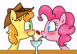 Size: 1000x700 | Tagged: safe, artist:mcnuggyy, derpibooru import, braeburn, pinkie pie, earth pony, pony, blushing, braepie, colored pupils, eye contact, female, ice cream, looking at each other, male, mare, rarepair, sharing a drink, shipping, simple background, stallion, straight