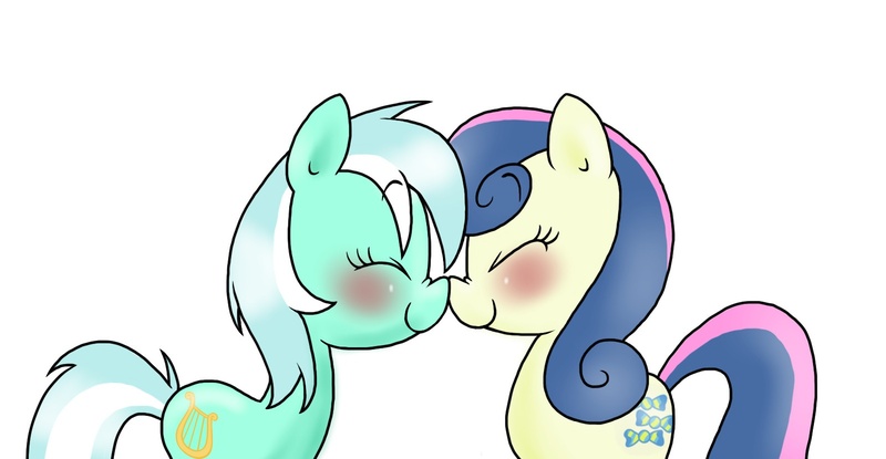 Size: 1600x830 | Tagged: safe, artist:mcnuggyy, derpibooru import, bon bon, lyra heartstrings, sweetie drops, earth pony, pony, unicorn, blushing, boop, eyes closed, female, lesbian, lyrabon, mare, noseboop, shipping, simple background, white background