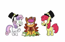 Size: 1600x1030 | Tagged: safe, artist:mcnuggyy, derpibooru import, apple bloom, scootaloo, sweetie belle, earth pony, pegasus, pony, turkey, unicorn, costume, cutie mark crusaders, female, filly, no pupils, pilgrim outfit, scootachicken, scootaloo is not amused, scootaturkey, simple background, thanksgiving, turkey costume, white background