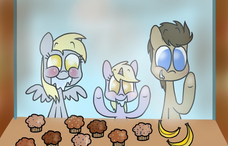Size: 1300x830 | Tagged: safe, artist:mcnuggyy, derpibooru import, derpy hooves, dinky hooves, doctor whooves, time turner, earth pony, pegasus, pony, unicorn, banana, doctorderpy, drool, eyes on the prize, female, filly, male, mare, muffin, no pupils, shipping, stallion, straight, window
