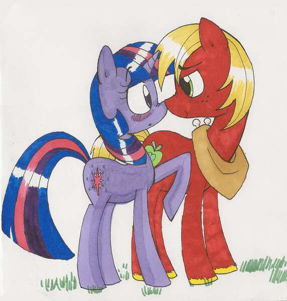 Size: 1800x1888 | Tagged: safe, artist:mcnuggyy, derpibooru import, big macintosh, twilight sparkle, earth pony, pony, unicorn, blushing, boop, cute, eye contact, female, macabetes, male, mare, marker drawing, noseboop, raised hoof, shipping, simple background, smiling, stallion, straight, traditional art, twimac, unicorn twilight