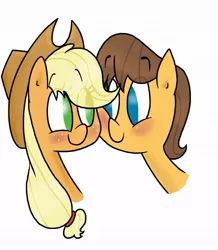 Size: 900x1030 | Tagged: safe, artist:mcnuggyy, derpibooru import, applejack, caramel, earth pony, pony, blushing, carajack, eye contact, female, looking at each other, male, mare, no pupils, shipping, simple background, stallion, straight, white background