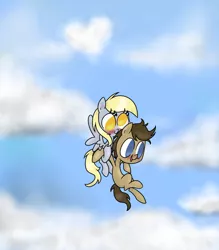 Size: 1600x1830 | Tagged: safe, artist:mcnuggyy, derpibooru import, derpy hooves, doctor whooves, time turner, earth pony, pegasus, pony, blushing, carrying, cloud, cloudy, doctorderpy, female, flying, happy, male, mare, no pupils, shipping, sky, stallion, straight