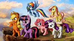 Size: 2160x1200 | Tagged: safe, artist:harwick, derpibooru import, applejack, fluttershy, pinkie pie, rainbow dash, rarity, twilight sparkle, earth pony, pegasus, pony, unicorn, cloud, female, flying, mane six, mare, photoshop, rearing, unicorn twilight, wallpaper