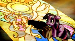 Size: 1200x658 | Tagged: safe, artist:harwick, derpibooru import, princess celestia, twilight sparkle, pony, unicorn, book, cute, female, filly, filly twilight sparkle, first day of school, floppy ears, foal, hnnng, mouth hold, photoshop, school, solo, stained glass, twiabetes, weapons-grade cute, younger