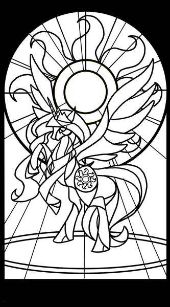 Size: 1200x2160 | Tagged: safe, artist:harwick, derpibooru import, princess celestia, alicorn, pony, female, lineart, mare, monochrome, photoshop, rearing, solo, stained glass