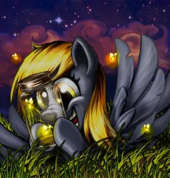 Size: 1000x1052 | Tagged: safe, artist:harwick, derpibooru import, derpy hooves, firefly (insect), pegasus, pony, cloud, female, grass, happy, jar, mare, night, photoshop, scrunchy face, solo, stars