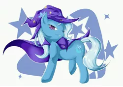 Size: 5905x4169 | Tagged: dead source, safe, artist:zaiyaki, derpibooru import, trixie, pony, unicorn, absurd resolution, cape, clothes, cutie mark background, female, hat, mare, one eye closed, photoshop, pixiv, raised hoof, solo, trixie's cape, trixie's hat, wink