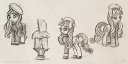 Size: 1000x500 | Tagged: safe, artist:kp-shadowsquirrel, derpibooru import, rarity, pony, unicorn, sweet and elite, beatnik rarity, beret, black and white, clothes, female, grayscale, hat, mare, modern art, monochrome, sketch, sketch dump, solo, table, traditional art