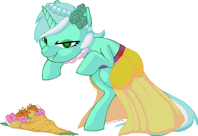 Size: 672x462 | Tagged: safe, artist:hollowzero, derpibooru import, lyra heartstrings, pony, unicorn, adobe imageready, bouquet, brainwashed, bridesmaid, clothes, creepy, dress, female, flower, legitimately amazing mspaint, mare, ms paint, simple background, solo, transparent background